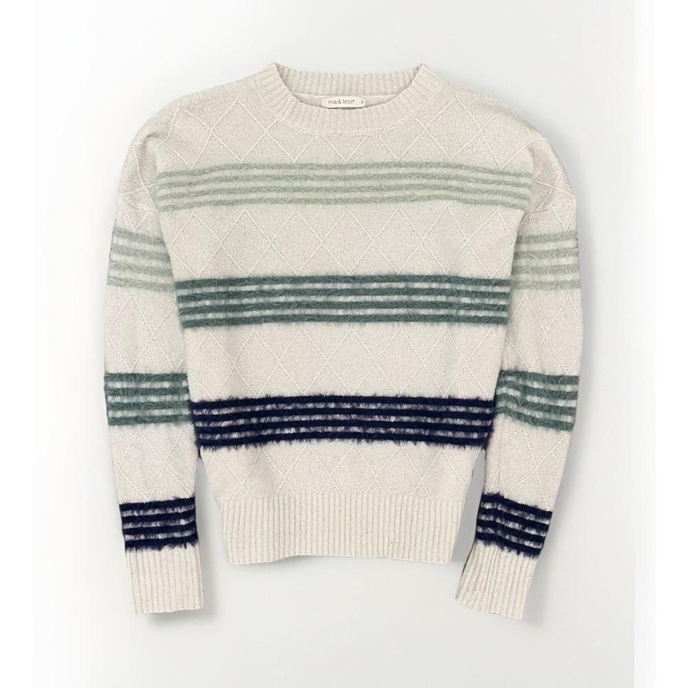 Mia and Tess Diamond Knit Striped Crewneck Sweater Cream Green and Navy M Retro